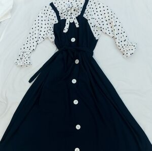 NWOT Vintage Green Apple Businesscore Navy and White Dress With Polkadot Accents